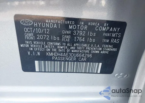 2013 Hyundai Elantra Gls from USA, damaged, VIN KMHDH4AE3DU664296